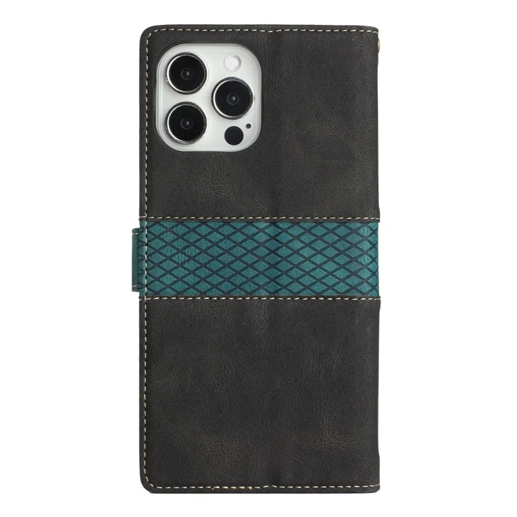 Étui portefeuille anti-chute pour iPhone 14 Pro Max, étui à rabat en cuir PU avec motif quadrillé et support - Noir
