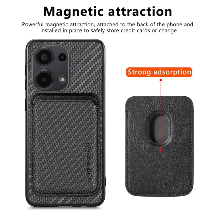 For Xiaomi Poco M6 Pro 4G / Redmi Note 13 Pro 4G Case Carbon Fiber Leather Back Cover with Detachable Magnetic Card Bag - Black