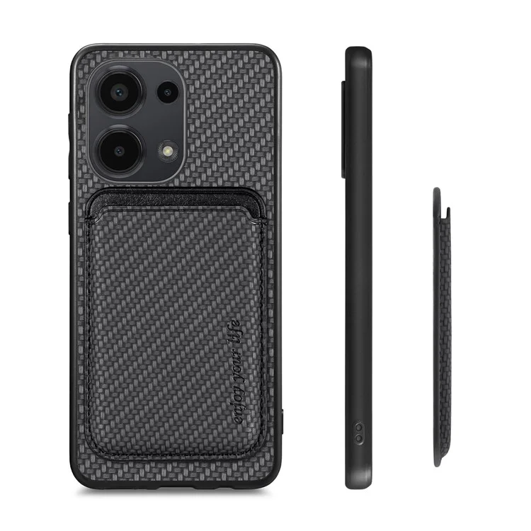 For Xiaomi Poco M6 Pro 4G / Redmi Note 13 Pro 4G Case Carbon Fiber Leather Back Cover with Detachable Magnetic Card Bag - Black