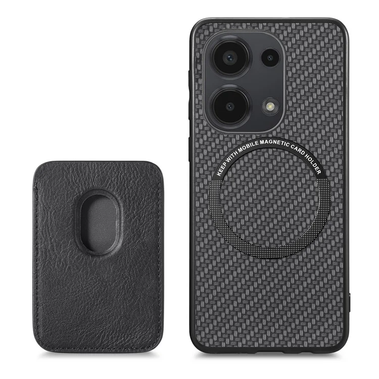 For Xiaomi Poco M6 Pro 4G / Redmi Note 13 Pro 4G Case Carbon Fiber Leather Back Cover with Detachable Magnetic Card Bag - Black