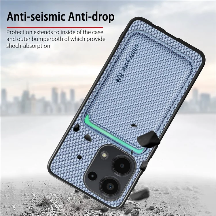 For Xiaomi Poco M6 Pro 4G / Redmi Note 13 Pro 4G Case Carbon Fiber Leather Back Cover with Detachable Magnetic Card Bag - Black