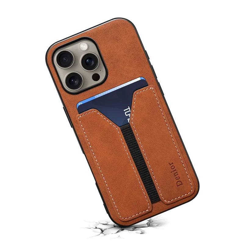 Denior Para Iphone 16 Pro Case Elastic Card Holder PU Leather+tpu+tampa do Telefone pc - Marrom