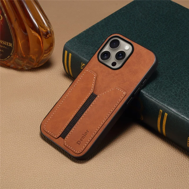 Denior Para Iphone 16 Pro Case Elastic Card Holder PU Leather+tpu+tampa do Telefone pc - Marrom