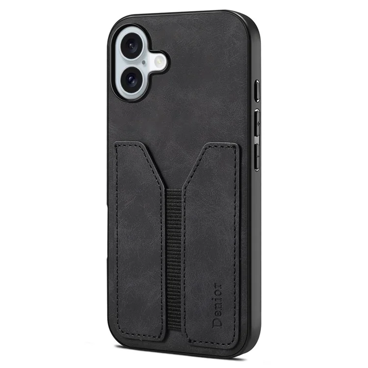 DENIOR Para iPhone 16 Case Suporte Elástico para Cartão Capa de Couro PU + TPU + PC - Preto