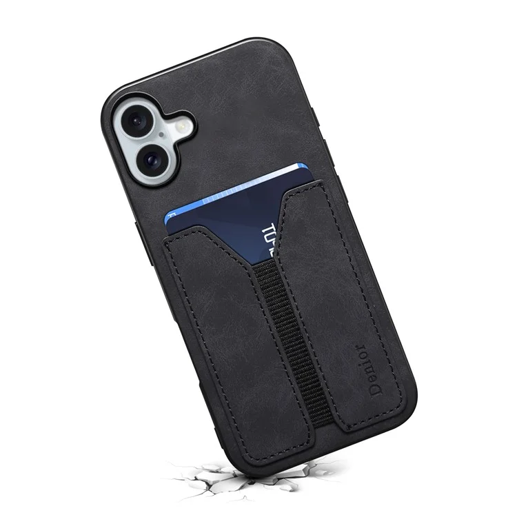 DENIOR Para iPhone 16 Case Suporte Elástico para Cartão Capa de Couro PU + TPU + PC - Preto