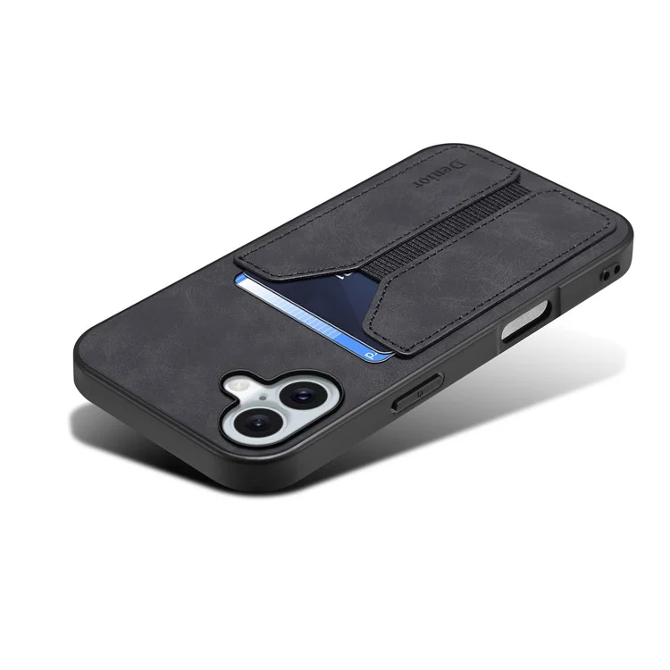 DENIOR Para iPhone 16 Case Suporte Elástico para Cartão Capa de Couro PU + TPU + PC - Preto