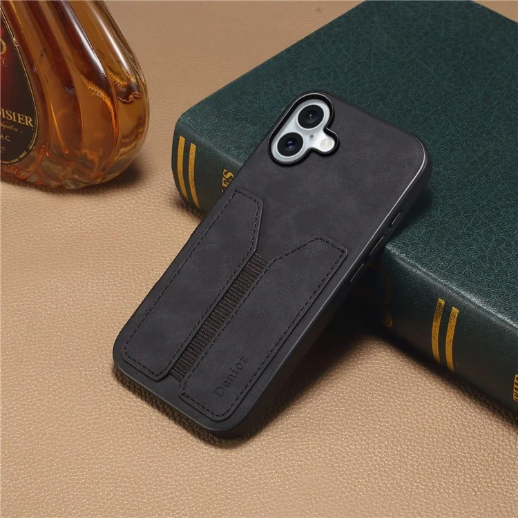 DENIOR Para iPhone 16 Case Suporte Elástico para Cartão Capa de Couro PU + TPU + PC - Preto