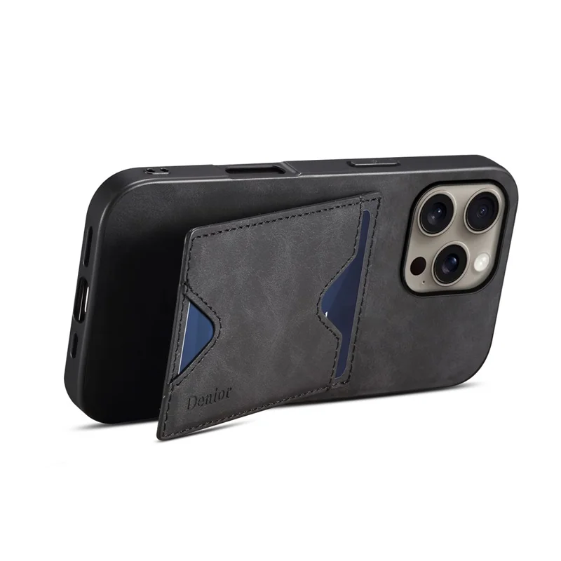 Denior Pour Iphone 16 Pro Max Case Leather + Tpu Carte Slot Kickstand Phone Cover - Noir