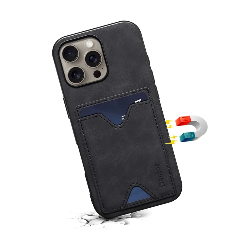Denior Pour Iphone 16 Pro Max Case Leather + Tpu Carte Slot Kickstand Phone Cover - Noir