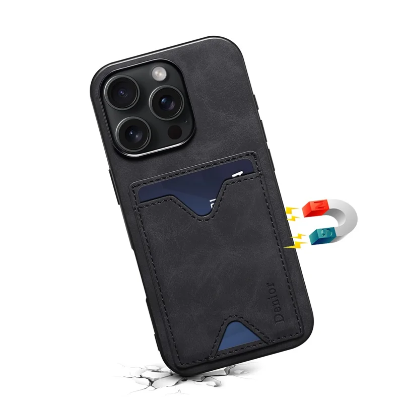 DENIOR Für iPhone 16 Pro Hülle Leder+TPU Kartenschlitz Ständer Handyhülle - Schwarz