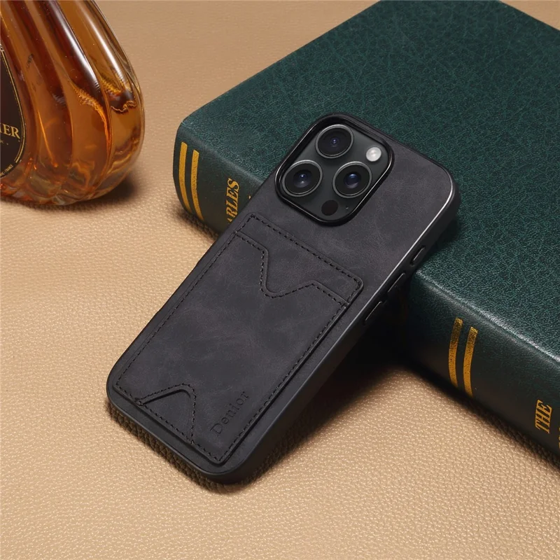 DENIOR Für iPhone 16 Pro Hülle Leder+TPU Kartenschlitz Ständer Handyhülle - Schwarz