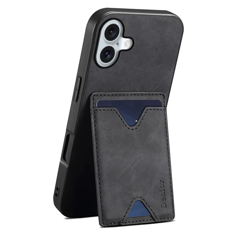 DENIOR For iPhone 16 Case Leather+TPU Card Slot Kickstand Phone Cover - Black