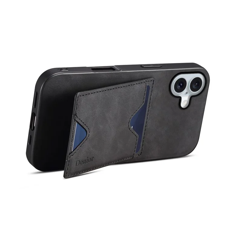 DENIOR For iPhone 16 Case Leather+TPU Card Slot Kickstand Phone Cover - Black
