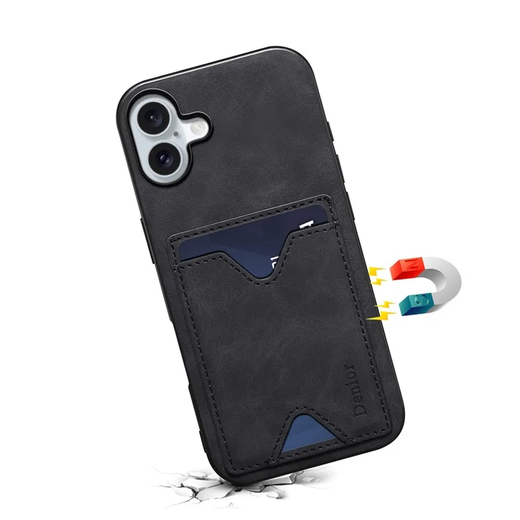 DENIOR For iPhone 16 Case Leather+TPU Card Slot Kickstand Phone Cover - Black