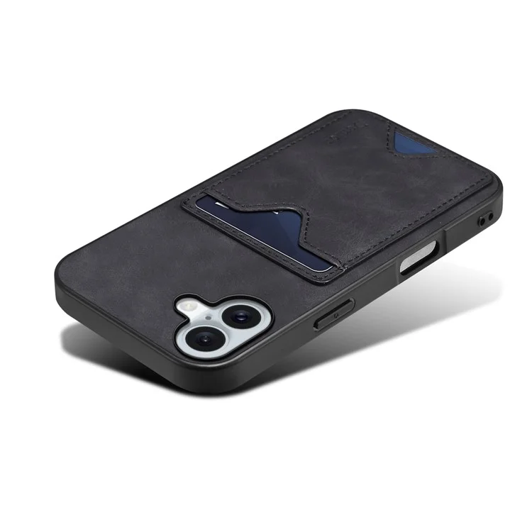 DENIOR For iPhone 16 Case Leather+TPU Card Slot Kickstand Phone Cover - Black