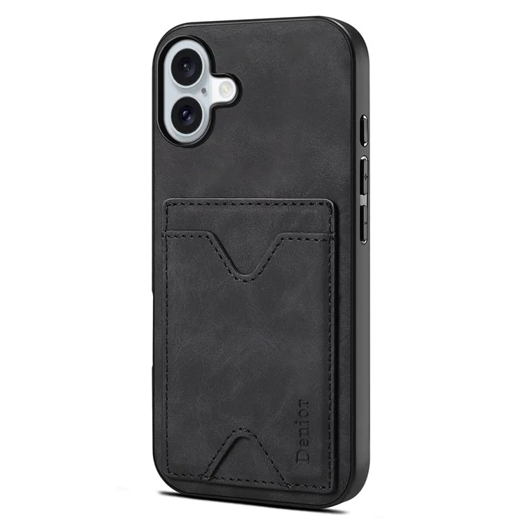 DENIOR For iPhone 16 Case Leather+TPU Card Slot Kickstand Phone Cover - Black