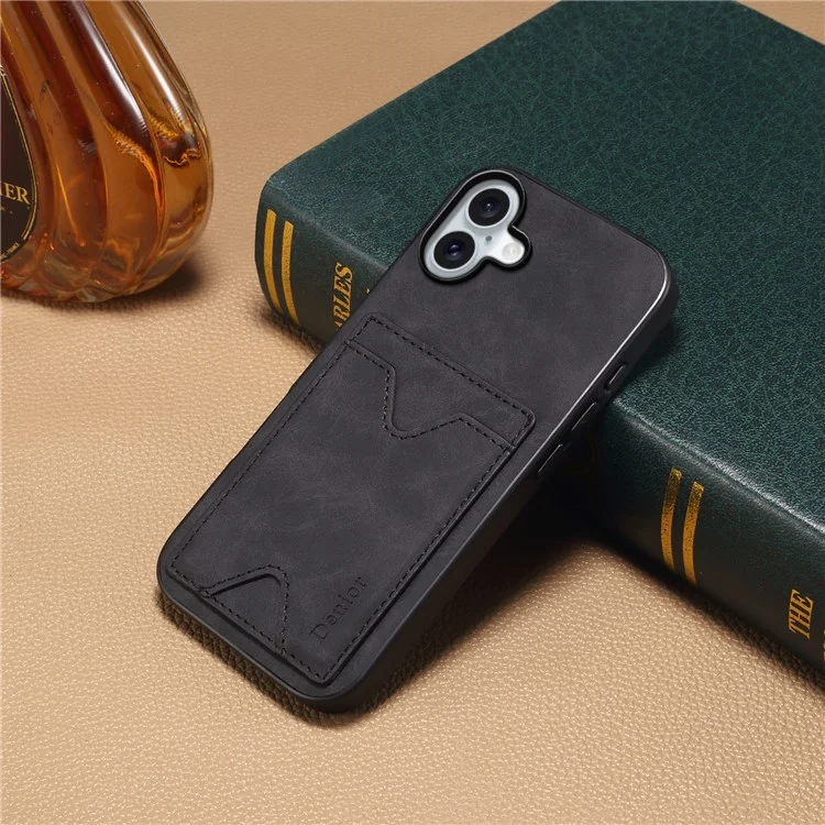 DENIOR For iPhone 16 Case Leather+TPU Card Slot Kickstand Phone Cover - Black