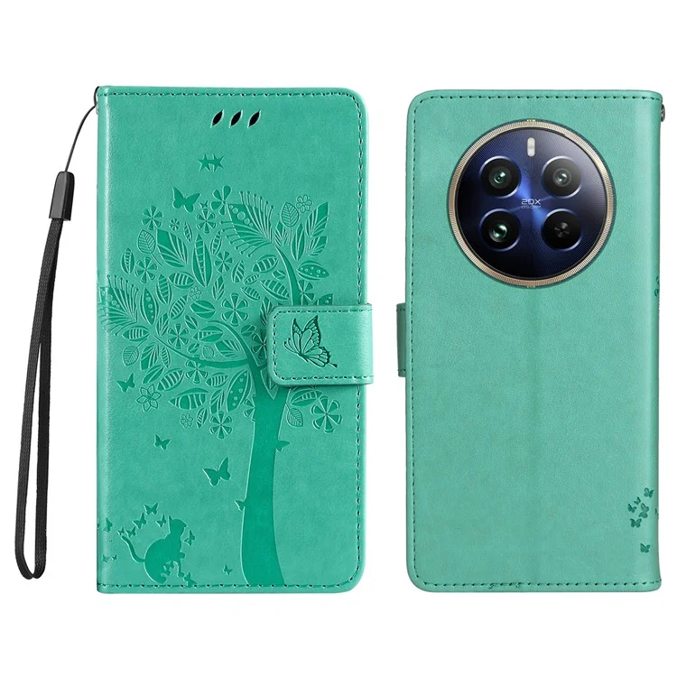 KT Imprinting Flower Series-3 Per Realme 13 Pro 5G / 13 Pro+ 5G / P1 Pro 5G / 12 Pro 5G / 12 Pro+ 5g Casetto di Pelle Per Albero Per Gatto - Verde