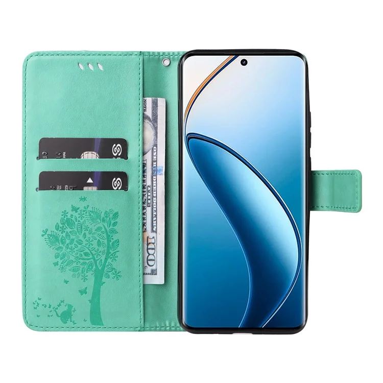 KT Imprinting Flower Series-3 Per Realme 13 Pro 5G / 13 Pro+ 5G / P1 Pro 5G / 12 Pro 5G / 12 Pro+ 5g Casetto di Pelle Per Albero Per Gatto - Verde