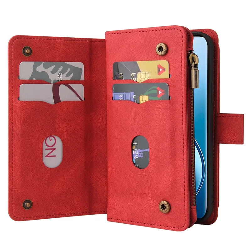 KT Serie Multifunzionale-2 Per Realme 13 Pro 5G / 13 Pro+ 5G / P1 Pro 5G / 12 Pro 5G / 12 Pro+ 5G Casetto Con Cerniera Del Telefono Coperchio in Pelle - Rosso