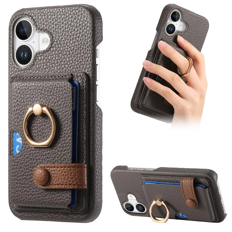 Y2 Para Iphone 16 Caso Ring Holder Kickstand Card Slot Leather Teleping Back Cover - Cinza Prateado