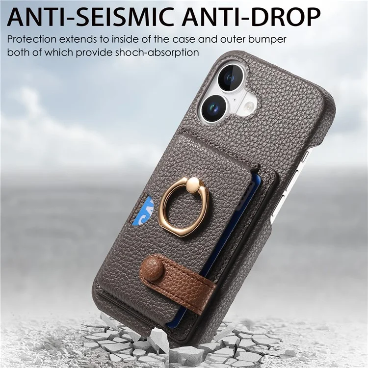 Y2 Para Iphone 16 Caso Ring Holder Kickstand Card Slot Leather Teleping Back Cover - Cinza Prateado