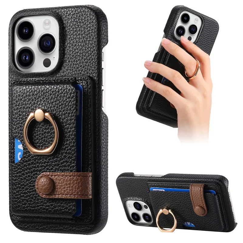 Y2 Para Iphone 16 Pro Max Caso Ring Holder Kickstand Card Slot Leather Teleping Back Cover - Preto