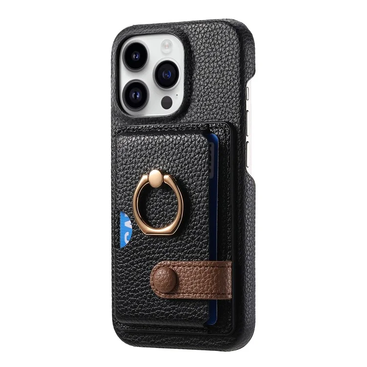 Y2 Para Iphone 16 Pro Max Caso Ring Holder Kickstand Card Slot Leather Teleping Back Cover - Preto