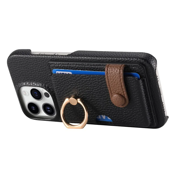 Y2 Para Iphone 16 Pro Max Caso Ring Holder Kickstand Card Slot Leather Teleping Back Cover - Preto