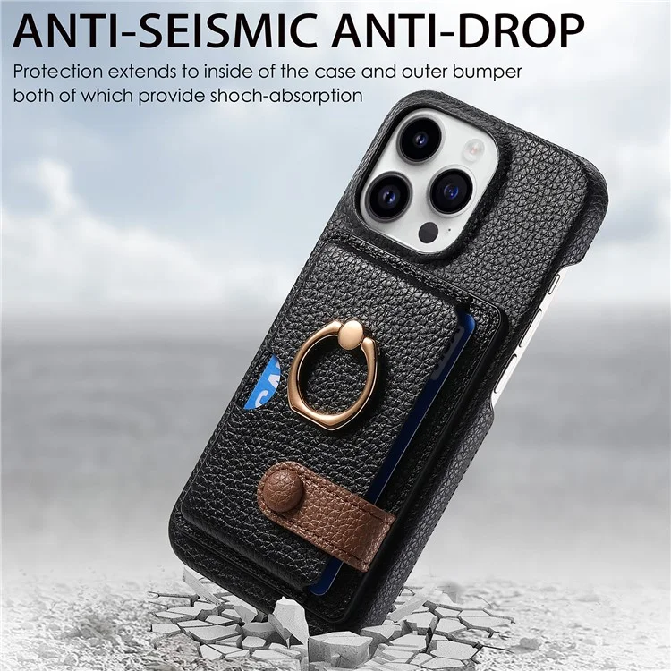 Y2 Para Iphone 16 Pro Max Caso Ring Holder Kickstand Card Slot Leather Teleping Back Cover - Preto