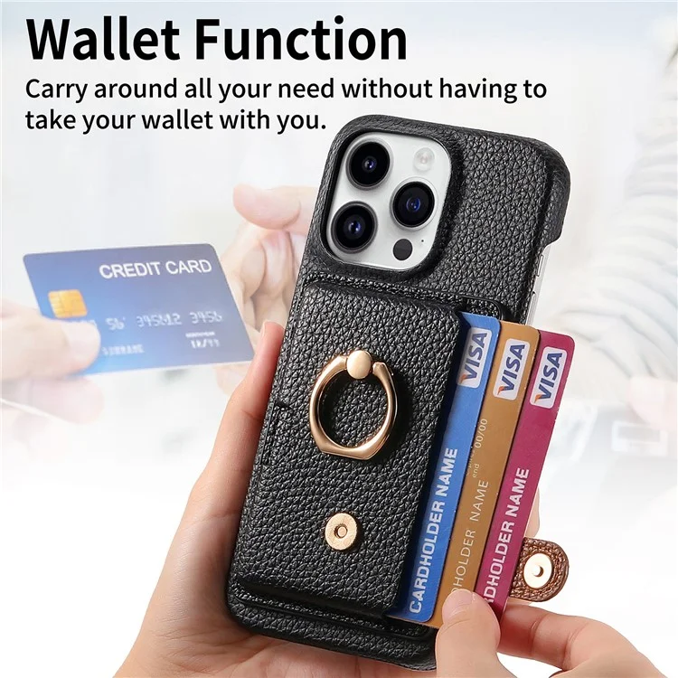 Y2 Para Iphone 16 Pro Max Caso Ring Holder Kickstand Card Slot Leather Teleping Back Cover - Preto