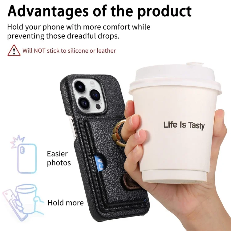 Y2 Para Iphone 16 Pro Max Caso Ring Holder Kickstand Card Slot Leather Teleping Back Cover - Preto