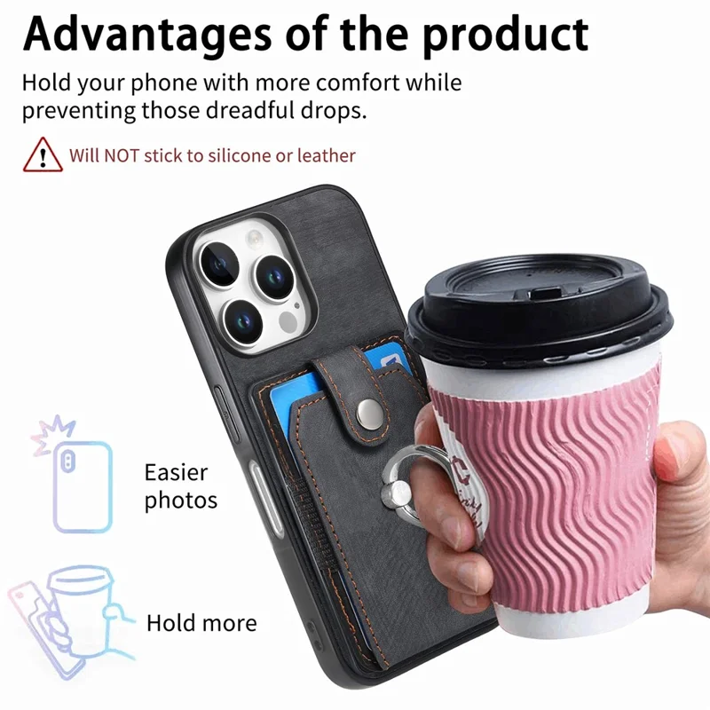 D2 Pour Iphone 16 Pro Case Kickstand Leather + Tpu Tpu Non Slip Couverture Cartes Sostes - Noir