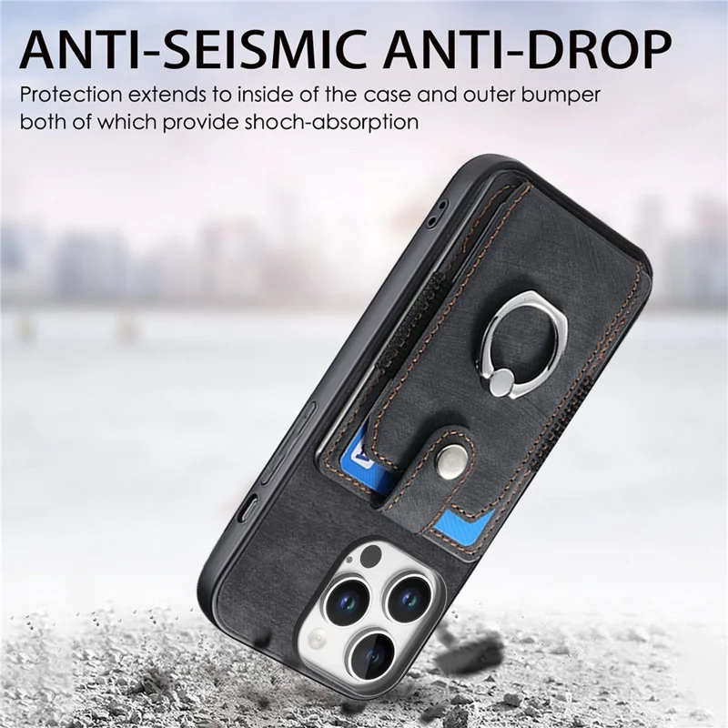 D2 Pour Iphone 16 Pro Case Kickstand Leather + Tpu Tpu Non Slip Couverture Cartes Sostes - Noir