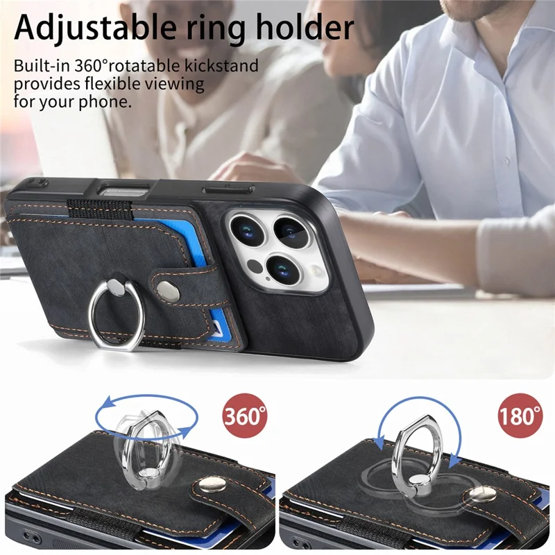 D2 Pour Iphone 16 Pro Case Kickstand Leather + Tpu Tpu Non Slip Couverture Cartes Sostes - Noir