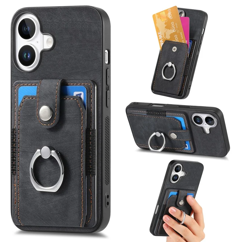 D2 Для Iphone 16 Case Case Stand Leather+TPU не Скользящие Защитные Карты Cover Slots - Черный