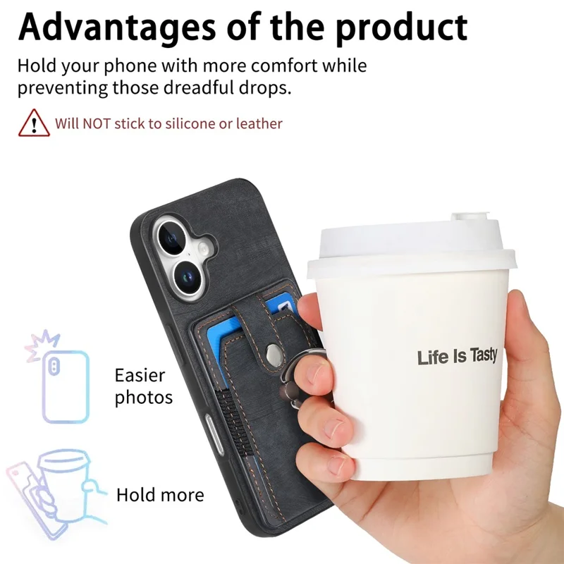 D2 Для Iphone 16 Case Case Stand Leather+TPU не Скользящие Защитные Карты Cover Slots - Черный
