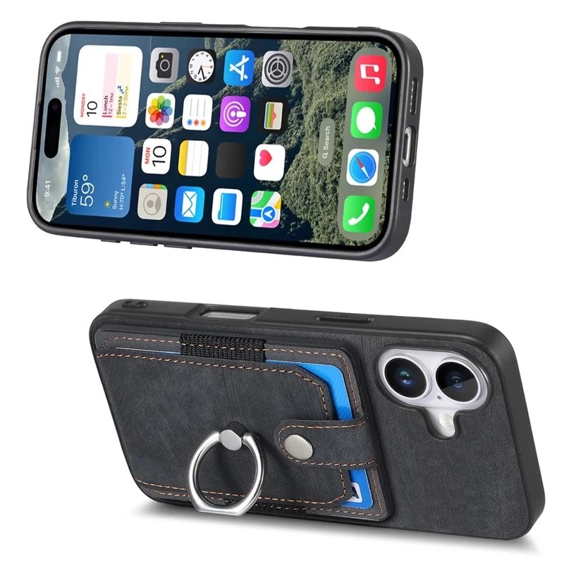 D2 Для Iphone 16 Case Case Stand Leather+TPU не Скользящие Защитные Карты Cover Slots - Черный