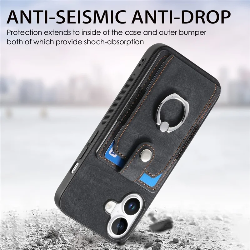 D2 Для Iphone 16 Case Case Stand Leather+TPU не Скользящие Защитные Карты Cover Slots - Черный
