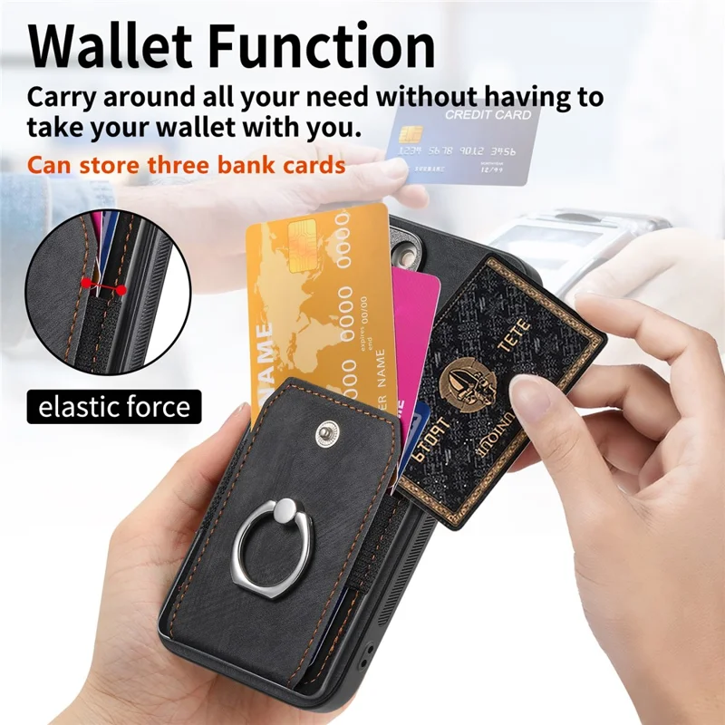 D2 Для Iphone 16 Case Case Stand Leather+TPU не Скользящие Защитные Карты Cover Slots - Черный