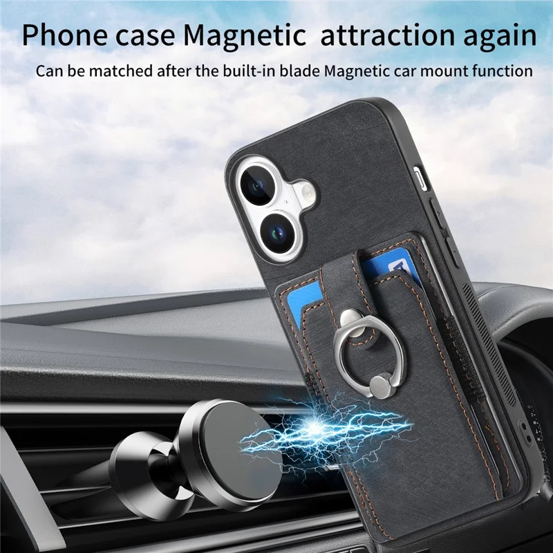 D2 Для Iphone 16 Case Case Stand Leather+TPU не Скользящие Защитные Карты Cover Slots - Черный