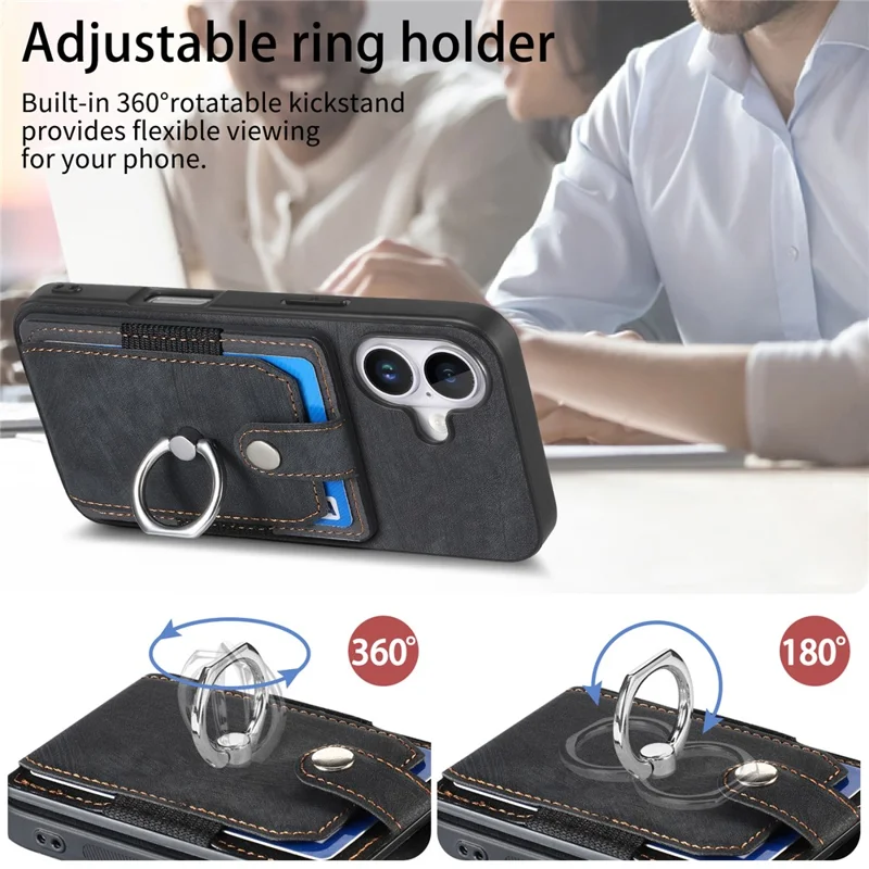 D2 Для Iphone 16 Case Case Stand Leather+TPU не Скользящие Защитные Карты Cover Slots - Черный