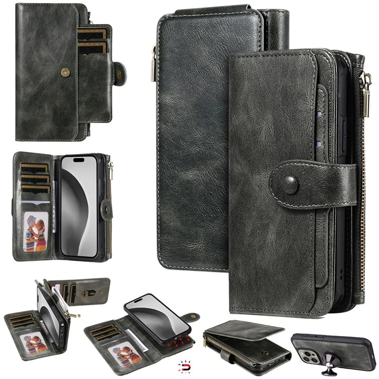 For iPhone 16 Pro Magnetic Case Detachable PU Leather Zipper Wallet Cover - Blackish Green