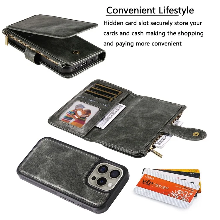 For iPhone 16 Pro Magnetic Case Detachable PU Leather Zipper Wallet Cover - Blackish Green