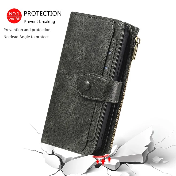 For iPhone 16 Pro Magnetic Case Detachable PU Leather Zipper Wallet Cover - Blackish Green