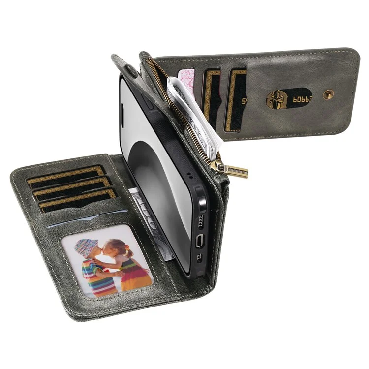 For iPhone 16 Pro Magnetic Case Detachable PU Leather Zipper Wallet Cover - Blackish Green
