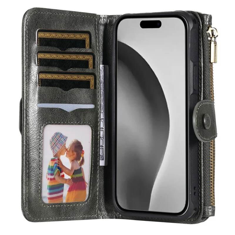 For iPhone 16 Pro Magnetic Case Detachable PU Leather Zipper Wallet Cover - Blackish Green