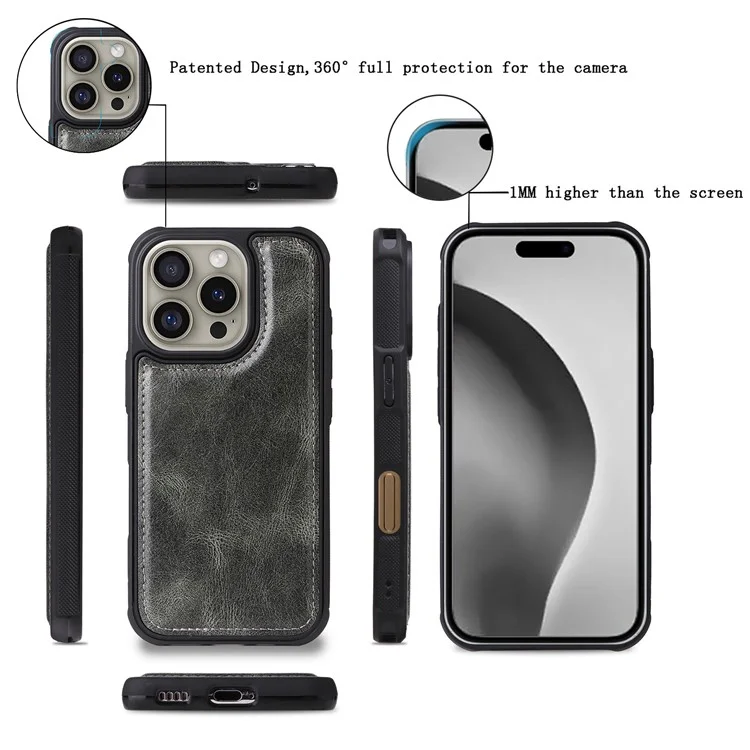 For iPhone 16 Pro Magnetic Case Detachable PU Leather Zipper Wallet Cover - Blackish Green