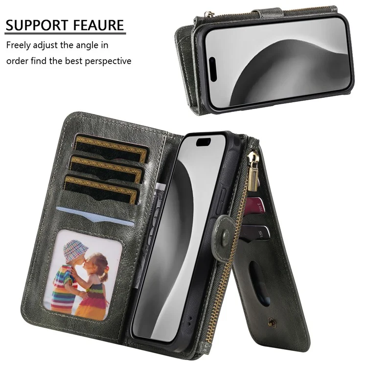 For iPhone 16 Pro Magnetic Case Detachable PU Leather Zipper Wallet Cover - Blackish Green