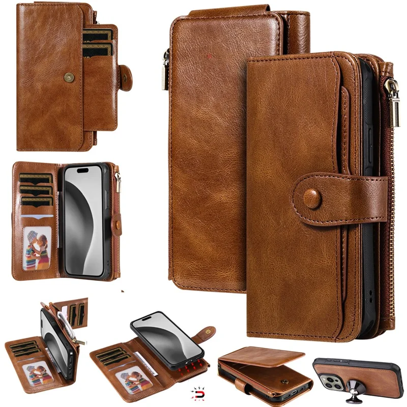 For iPhone 16 Pro Magnetic Case Detachable PU Leather Zipper Wallet Cover - Brown